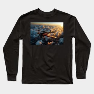 A Biplane Flying Above the Clouds - Landscape Long Sleeve T-Shirt